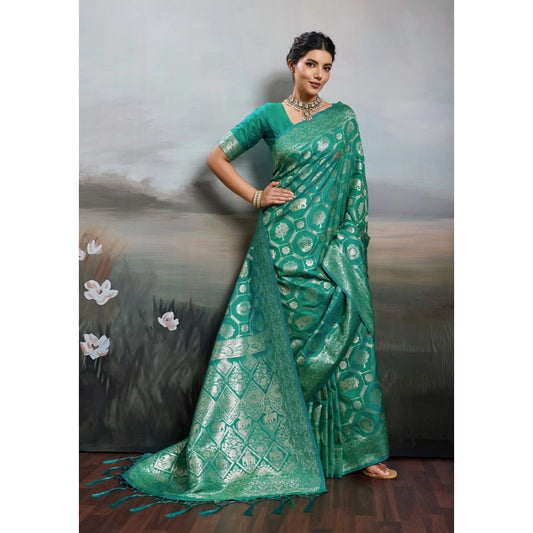 Women's Silk Blend Printed Saree With Unstitched Blouse 5.5m (Rama Green)