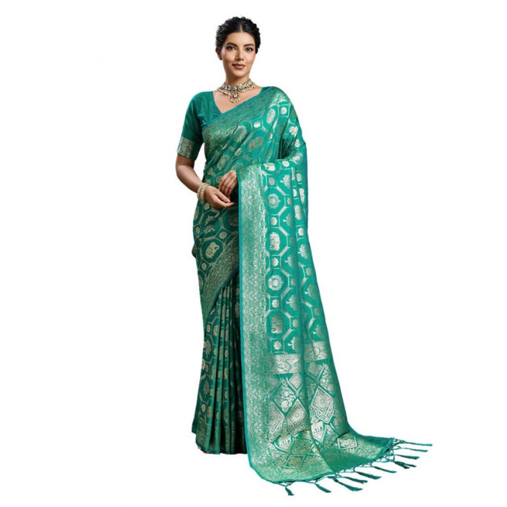 Women's Silk Blend Printed Saree With Unstitched Blouse 5.5 Mtr (Rama Green)