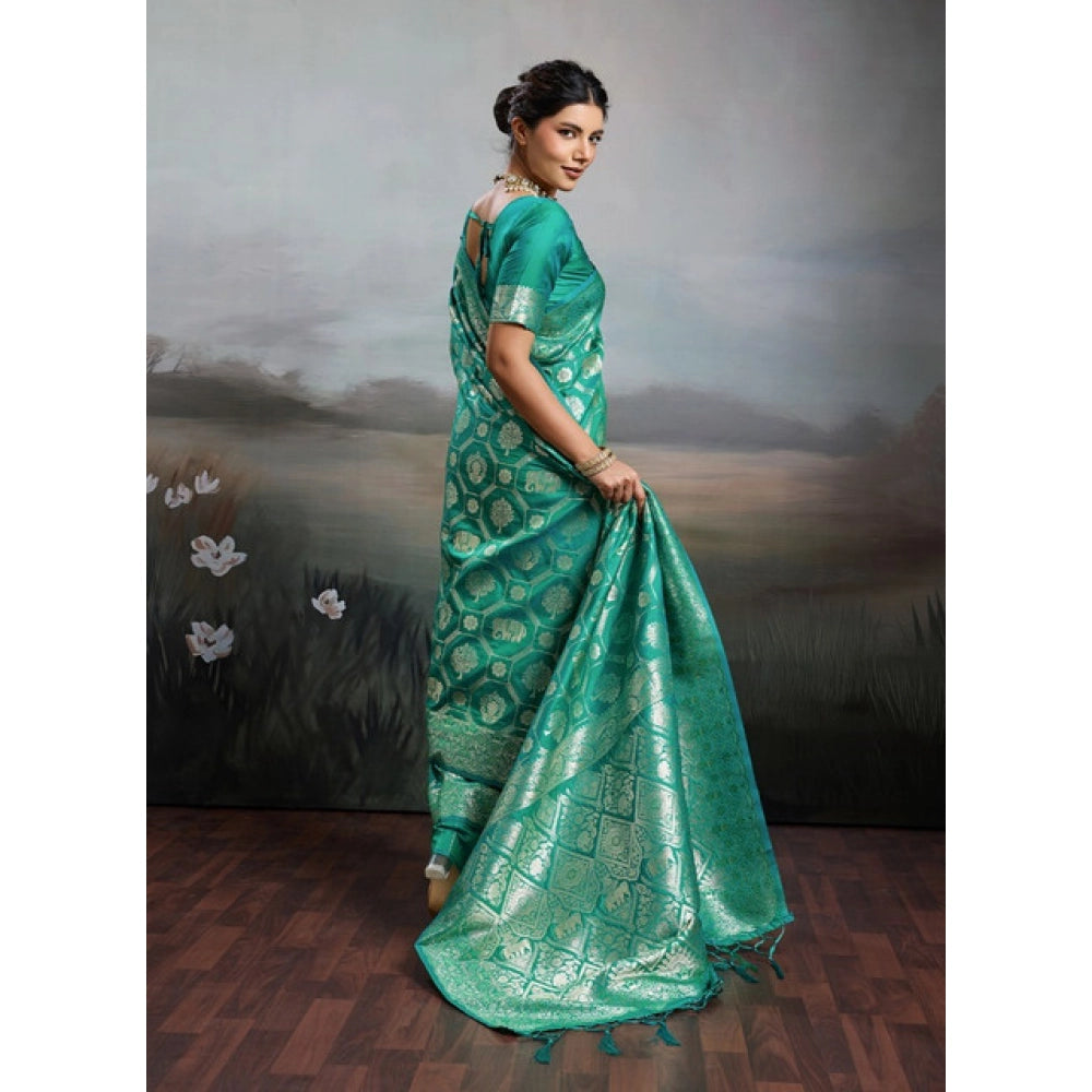 Women's Silk Blend Printed Saree With Unstitched Blouse 5.5 Mtr (Rama Green)