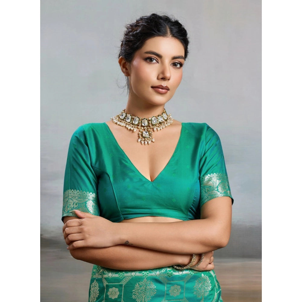Women's Silk Blend Printed Saree With Unstitched Blouse 5.5 Mtr (Rama Green)