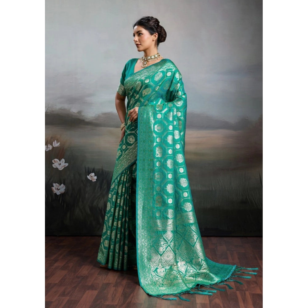 Women's Silk Blend Printed Saree With Unstitched Blouse 5.5 Mtr (Rama Green)