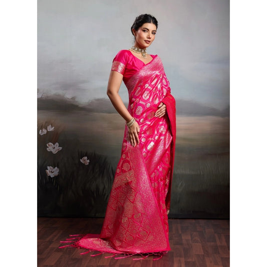 Women's Silk Blend Printed Saree With Unstitched Blouse 5.5m (Pink)