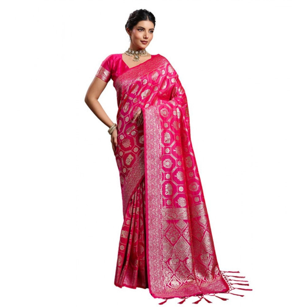 Women's Silk Blend Printed Saree With Unstitched Blouse 5.5 Mtr (Pink)