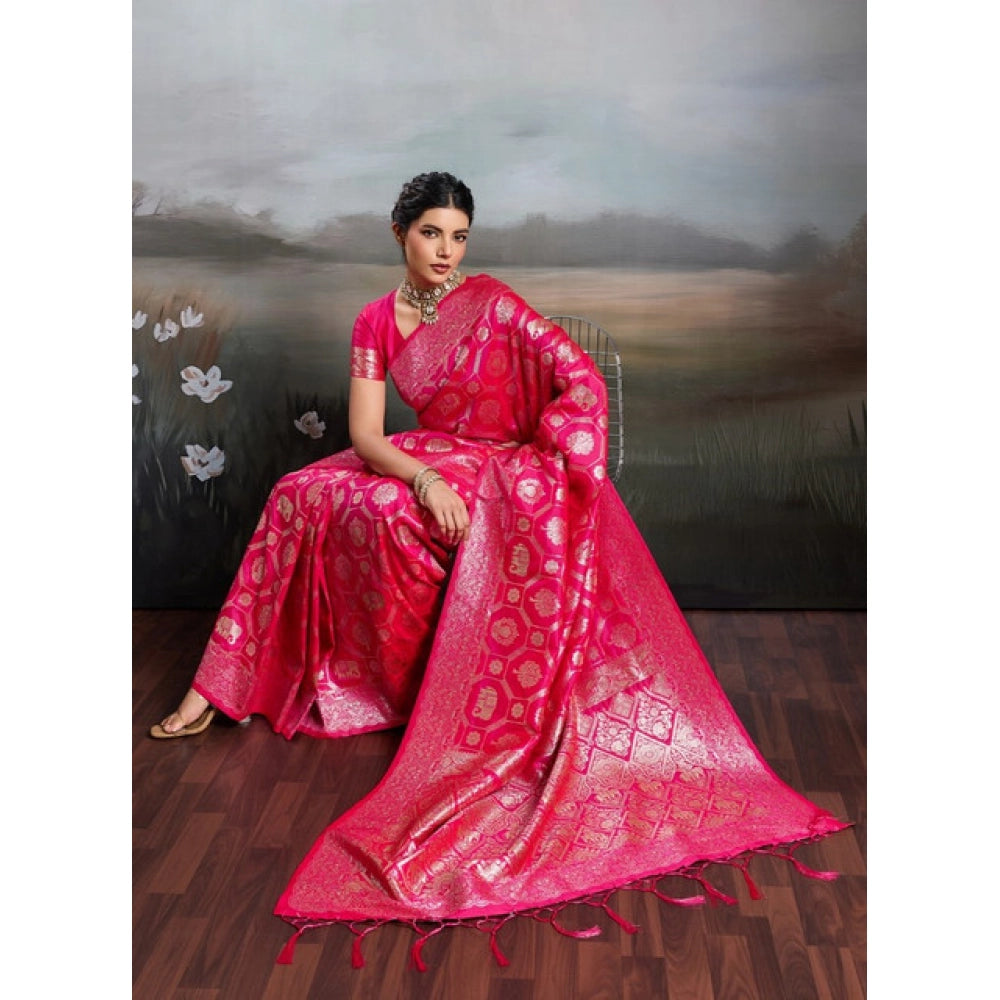 Women's Silk Blend Printed Saree With Unstitched Blouse 5.5 Mtr (Pink)