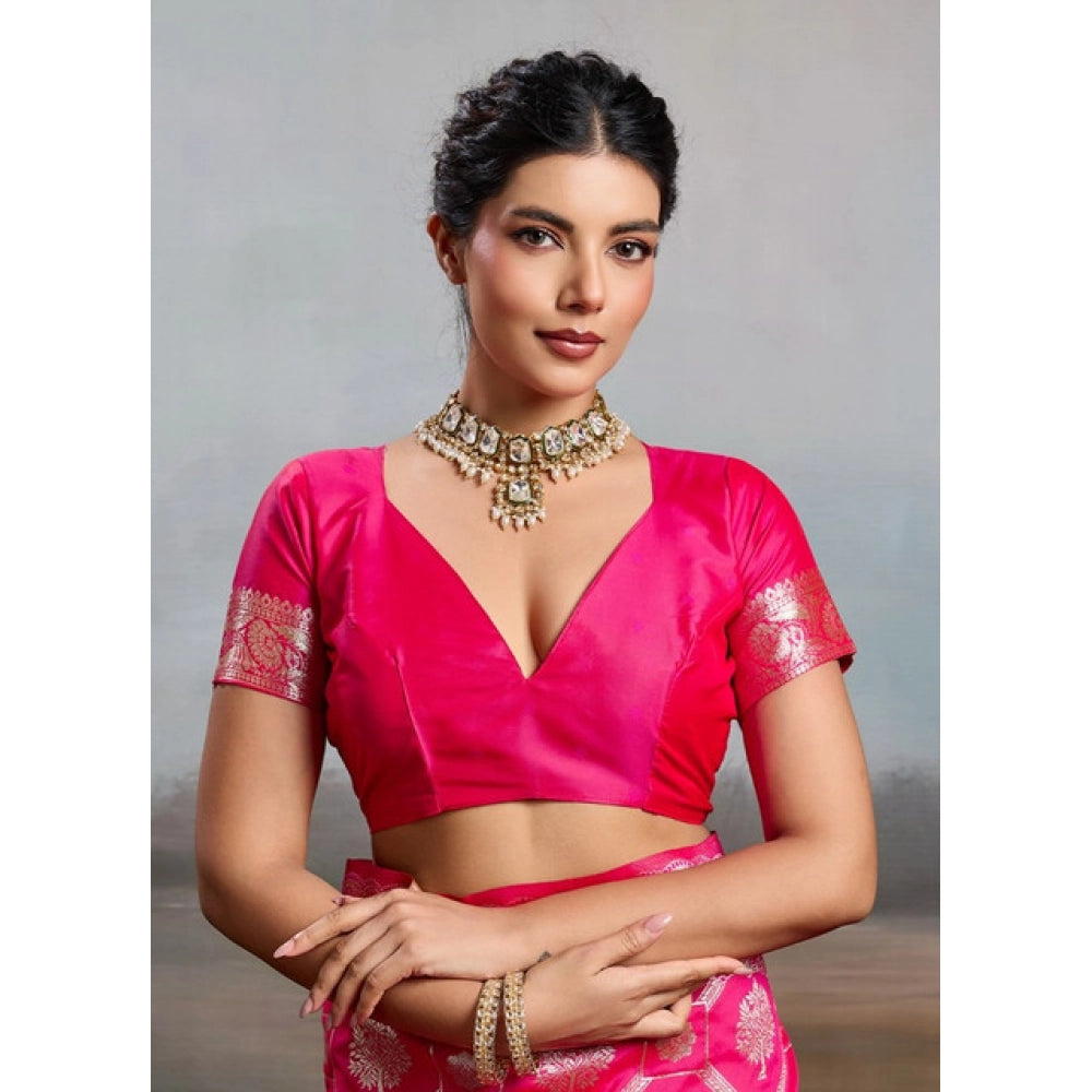 Women's Silk Blend Printed Saree With Unstitched Blouse 5.5 Mtr (Pink)