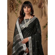 Women's Linen Cotton Printed Saree With Unstitched Blouse 5.5 Mtr (Black)
