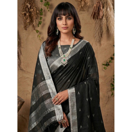 Women's Linen Cotton Printed Saree With Unstitched Blouse 5.5m (Black)