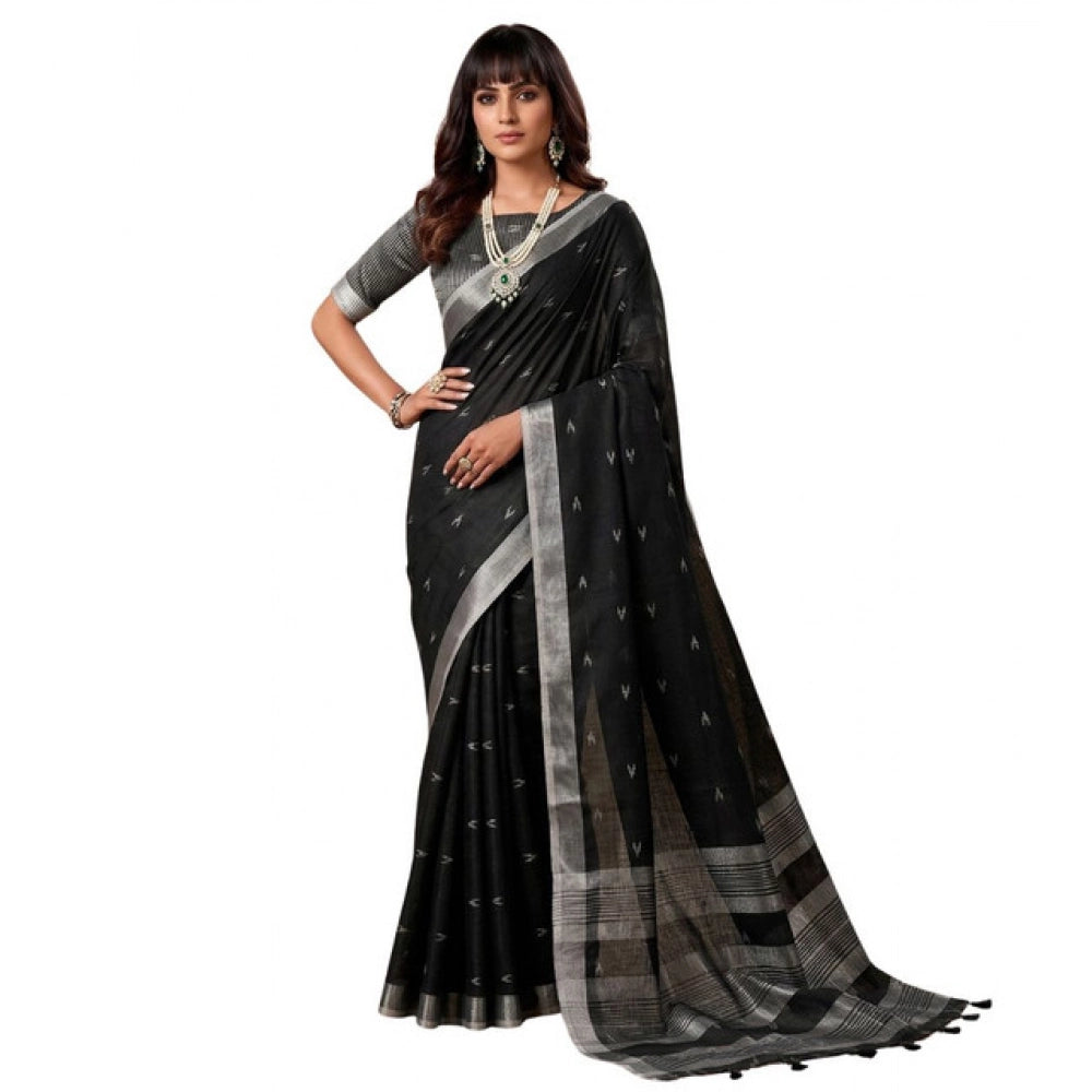 Women's Linen Cotton Printed Saree With Unstitched Blouse 5.5 Mtr (Black)