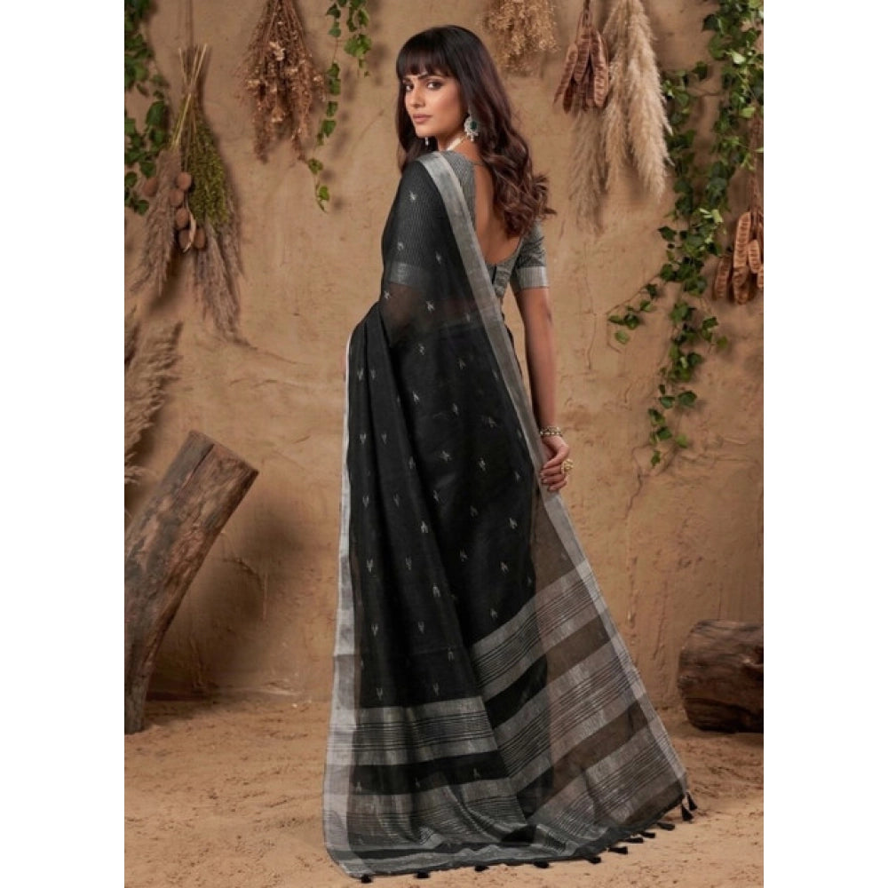 Women's Linen Cotton Printed Saree With Unstitched Blouse 5.5 Mtr (Black)