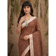 Women's Linen Cotton Printed Saree With Unstitched Blouse 5.5 Mtr (Brown)