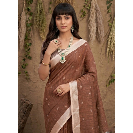 Women's Linen Cotton Printed Saree With Unstitched Blouse 5.5m (Brown)