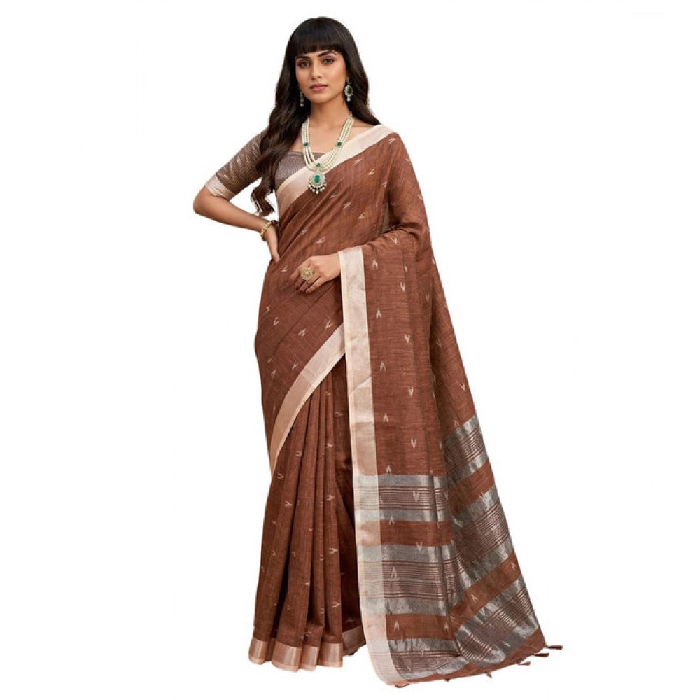 Women's Linen Cotton Printed Saree With Unstitched Blouse 5.5 Mtr (Brown)