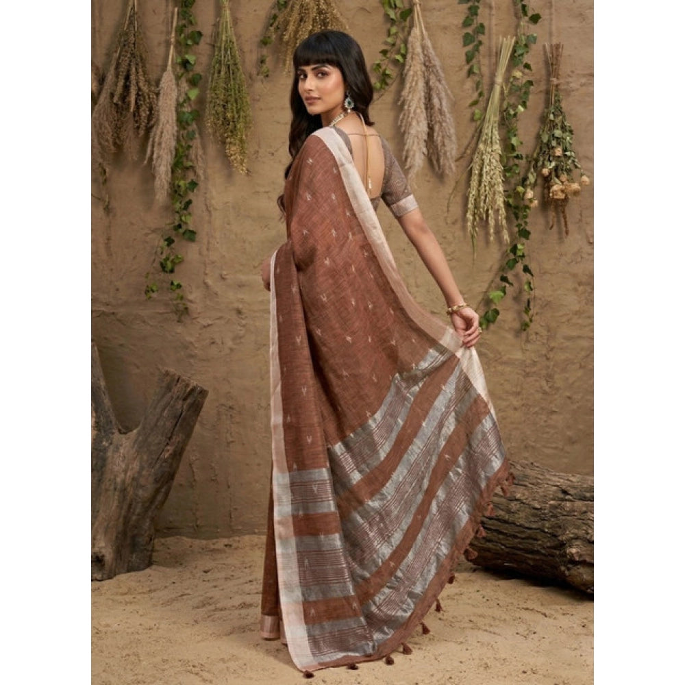 Women's Linen Cotton Printed Saree With Unstitched Blouse 5.5 Mtr (Brown)