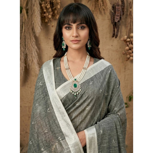 Women's Linen Cotton Printed Saree With Unstitched Blouse 5.5m (Gray)