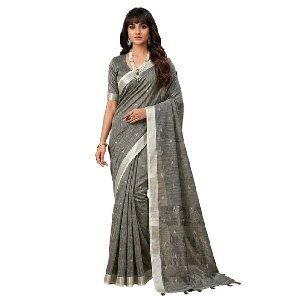 Women's Linen Cotton Printed Saree With Unstitched Blouse 5.5 Mtr (Gray)