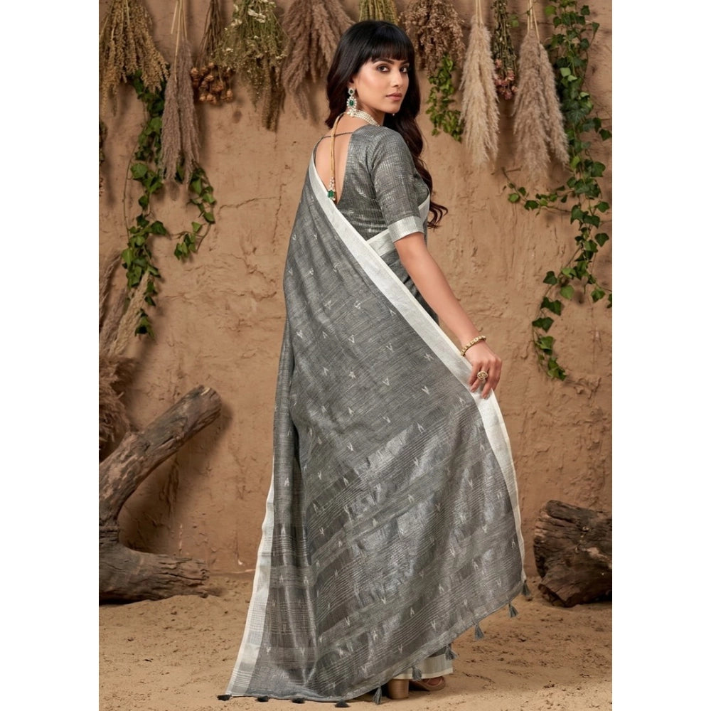 Women's Linen Cotton Printed Saree With Unstitched Blouse 5.5 Mtr (Gray)