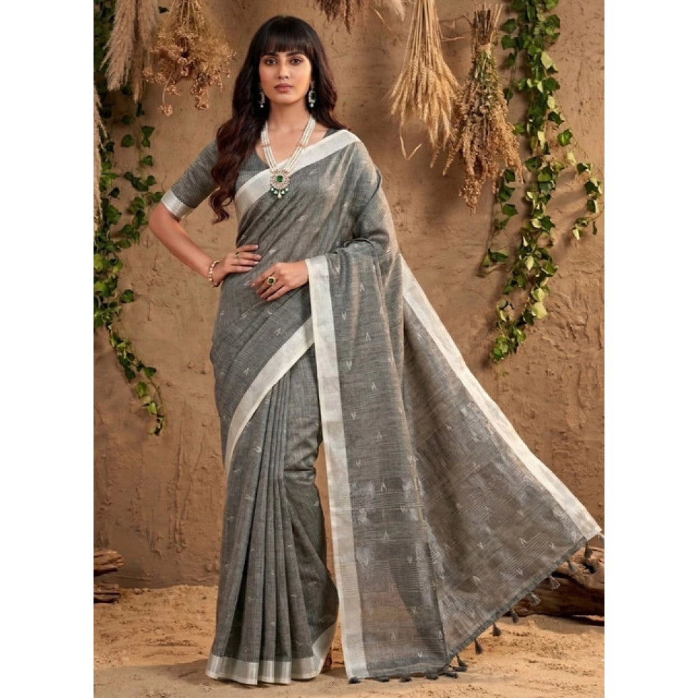 Women's Linen Cotton Printed Saree With Unstitched Blouse 5.5 Mtr (Gray)