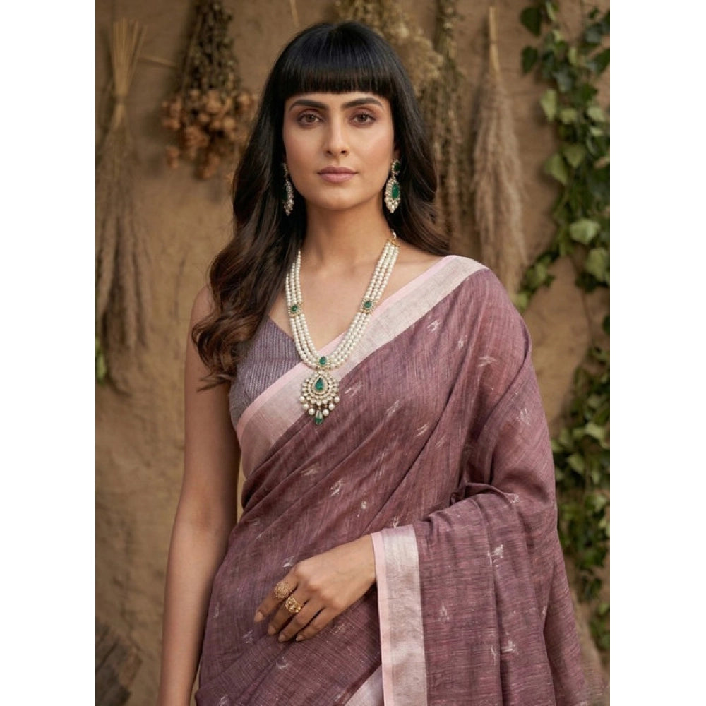 Women's Linen Cotton Printed Saree With Unstitched Blouse 5.5 Mtr (Purple)