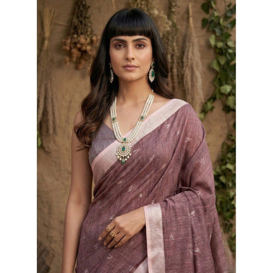 Women's Linen Cotton Printed Saree With Unstitched Blouse 5.5m (Purple)