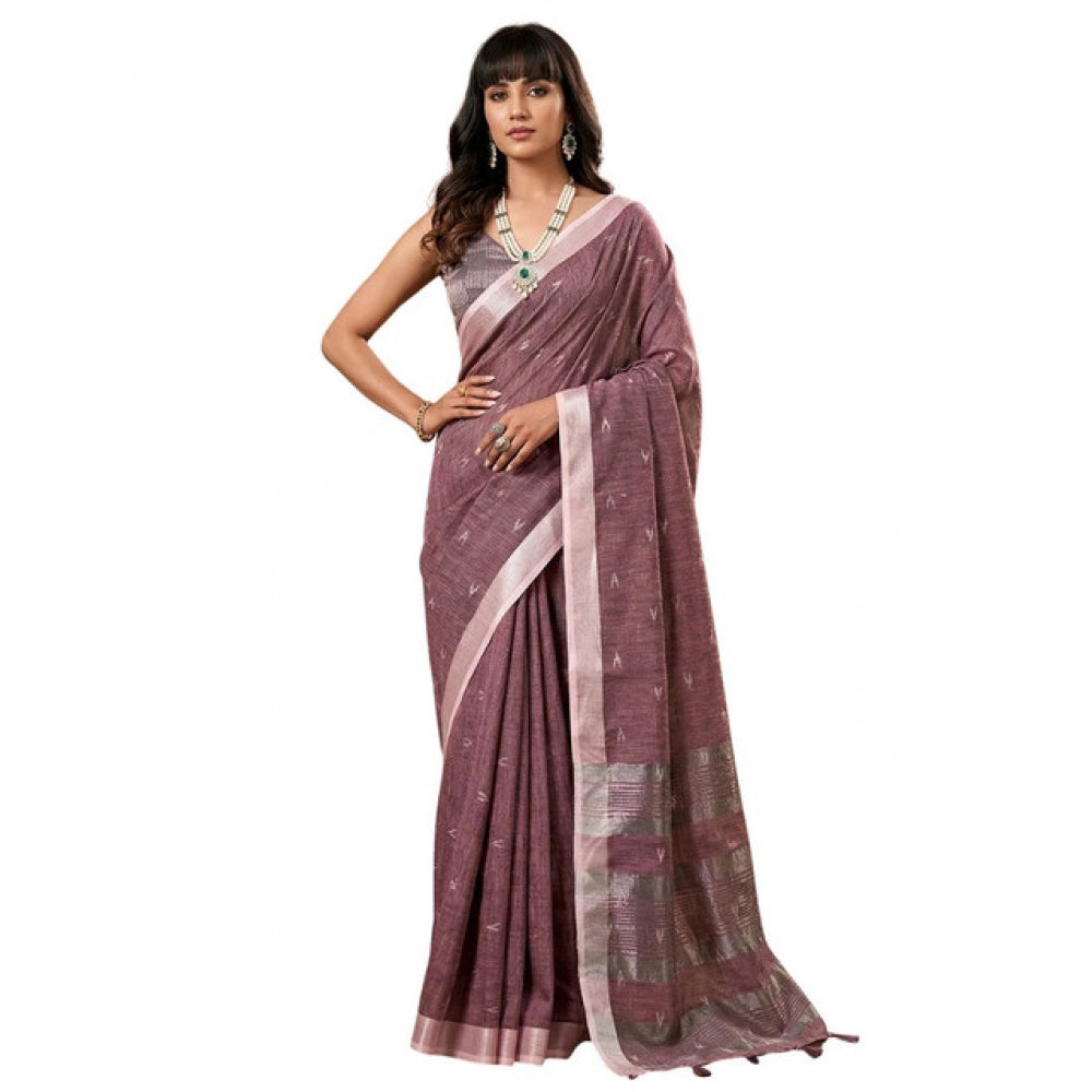 Women's Linen Cotton Printed Saree With Unstitched Blouse 5.5 Mtr (Purple)