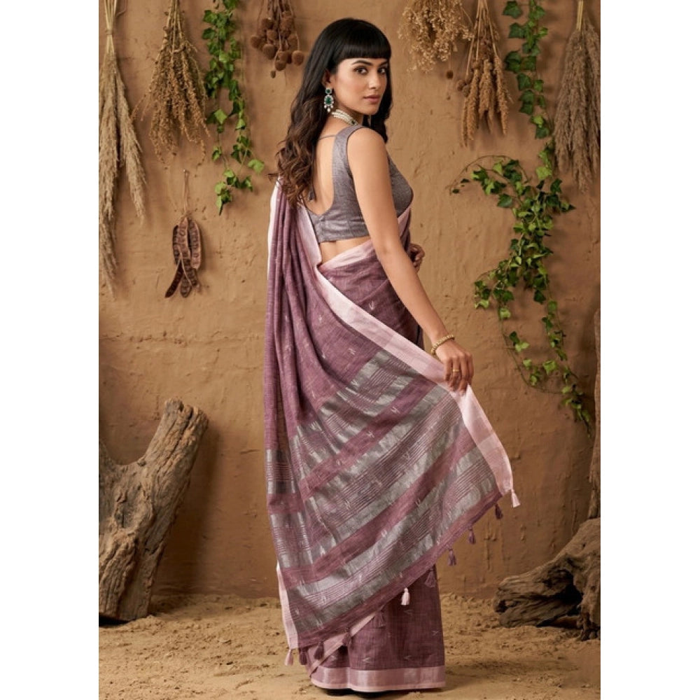 Women's Linen Cotton Printed Saree With Unstitched Blouse 5.5 Mtr (Purple)
