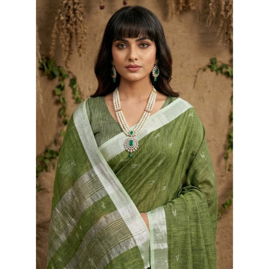 Women's Linen Cotton Printed Saree With Unstitched Blouse 5.5m (Green)
