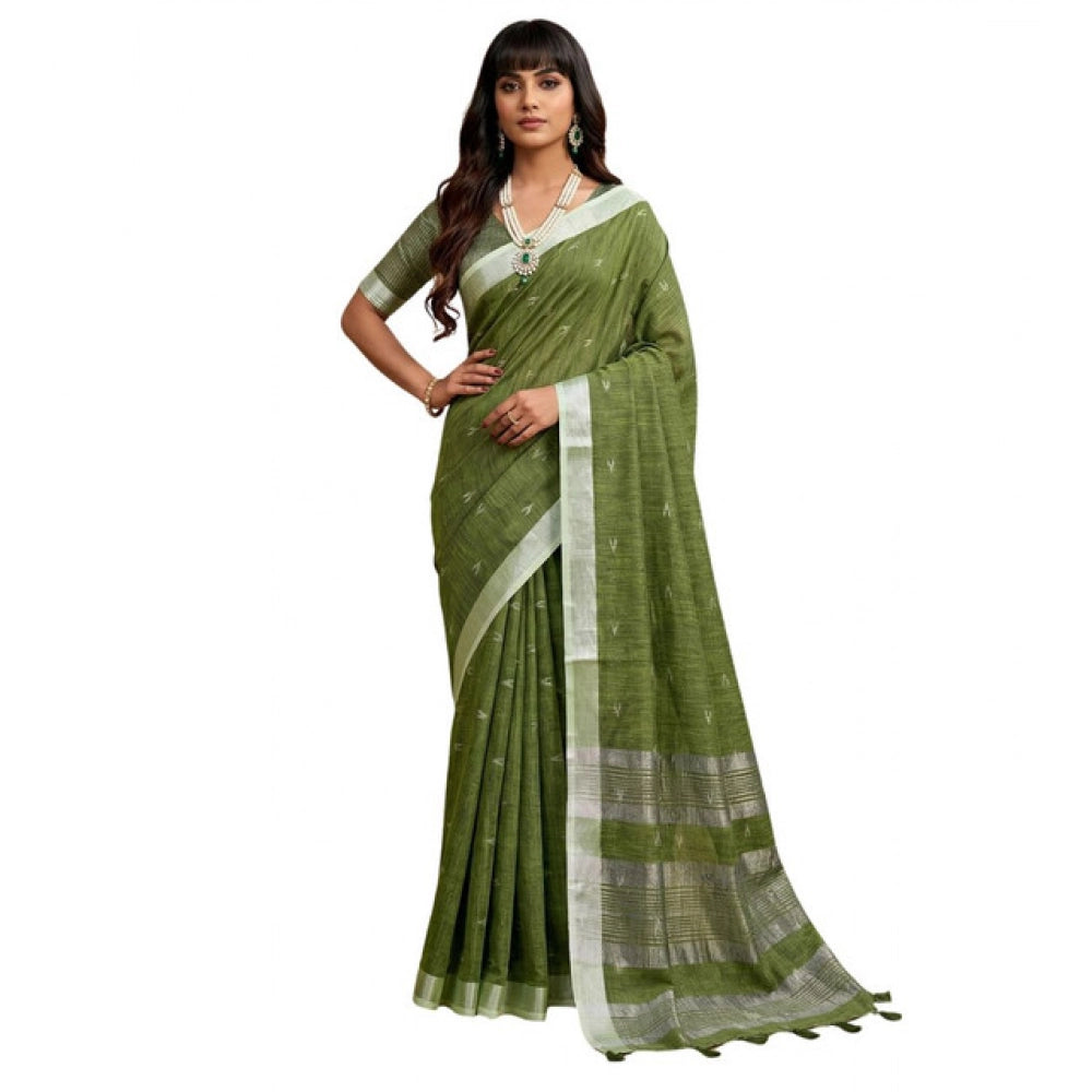 Women's Linen Cotton Printed Saree With Unstitched Blouse 5.5 Mtr (Green)