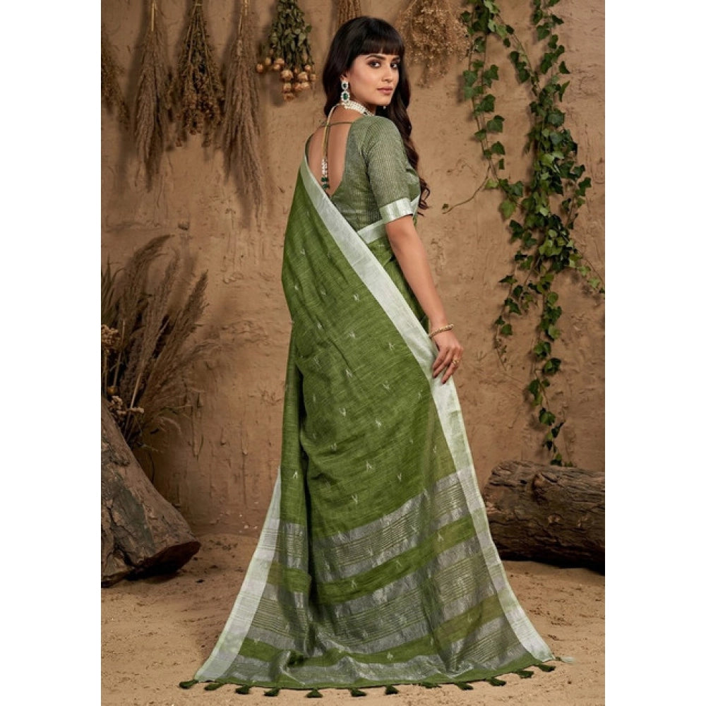 Women's Linen Cotton Printed Saree With Unstitched Blouse 5.5 Mtr (Green)