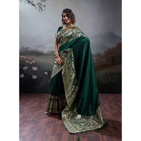Women's Silk Blend Printed Saree With Unstitched Blouse 5.5m (Dark Green)