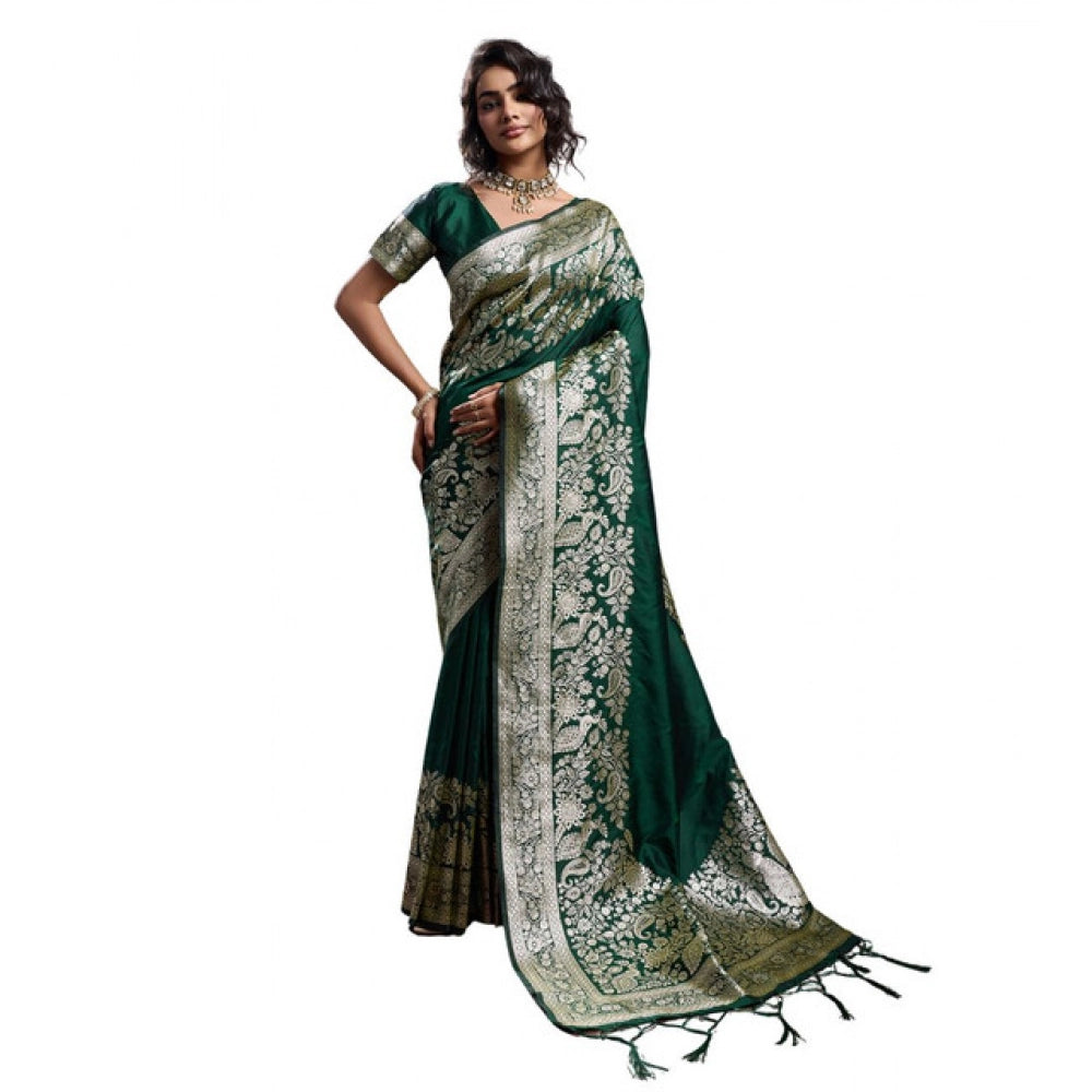 Women's Silk Blend Printed Saree With Unstitched Blouse 5.5 Mtr (Dark Green)