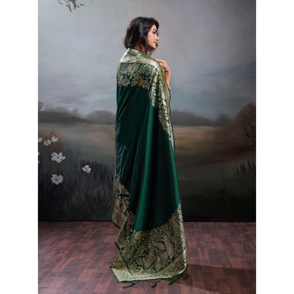 Women's Silk Blend Printed Saree With Unstitched Blouse 5.5 Mtr (Dark Green)