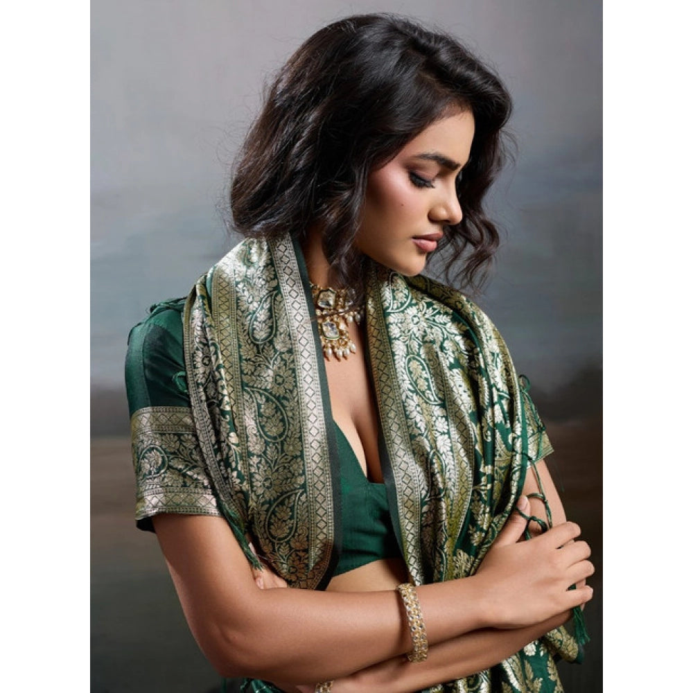Women's Silk Blend Printed Saree With Unstitched Blouse 5.5 Mtr (Dark Green)