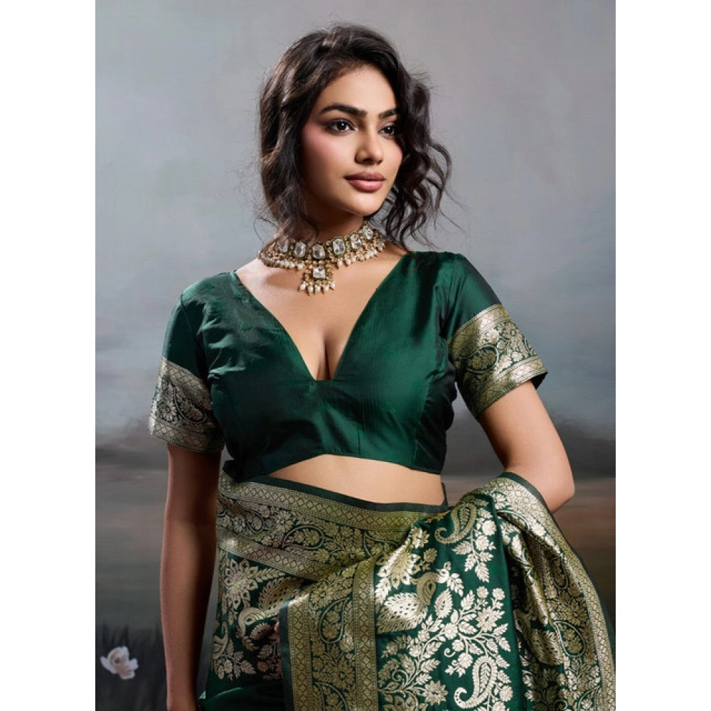 Women's Silk Blend Printed Saree With Unstitched Blouse 5.5 Mtr (Dark Green)