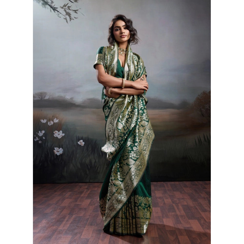Women's Silk Blend Printed Saree With Unstitched Blouse 5.5 Mtr (Dark Green)