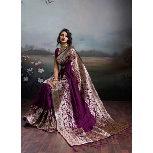 Women's Silk Blend Printed Saree With Unstitched Blouse 5.5m (Wine)