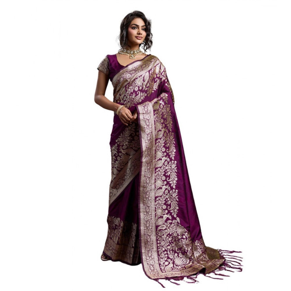 Women's Silk Blend Printed Saree With Unstitched Blouse 5.5 Mtr (Wine)