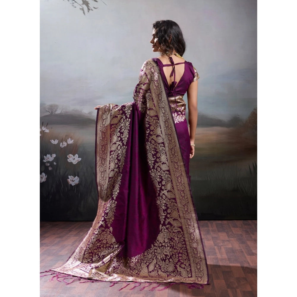 Women's Silk Blend Printed Saree With Unstitched Blouse 5.5 Mtr (Wine)