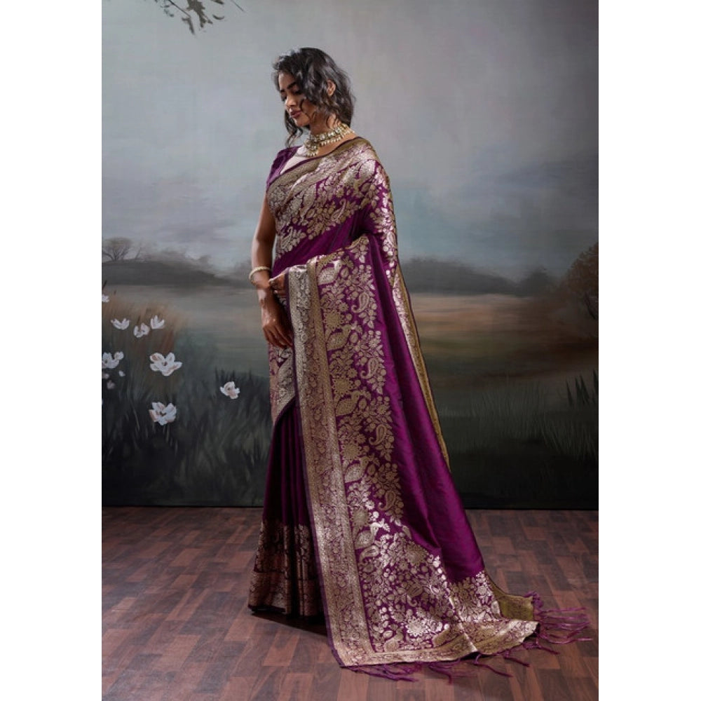 Women's Silk Blend Printed Saree With Unstitched Blouse 5.5 Mtr (Wine)