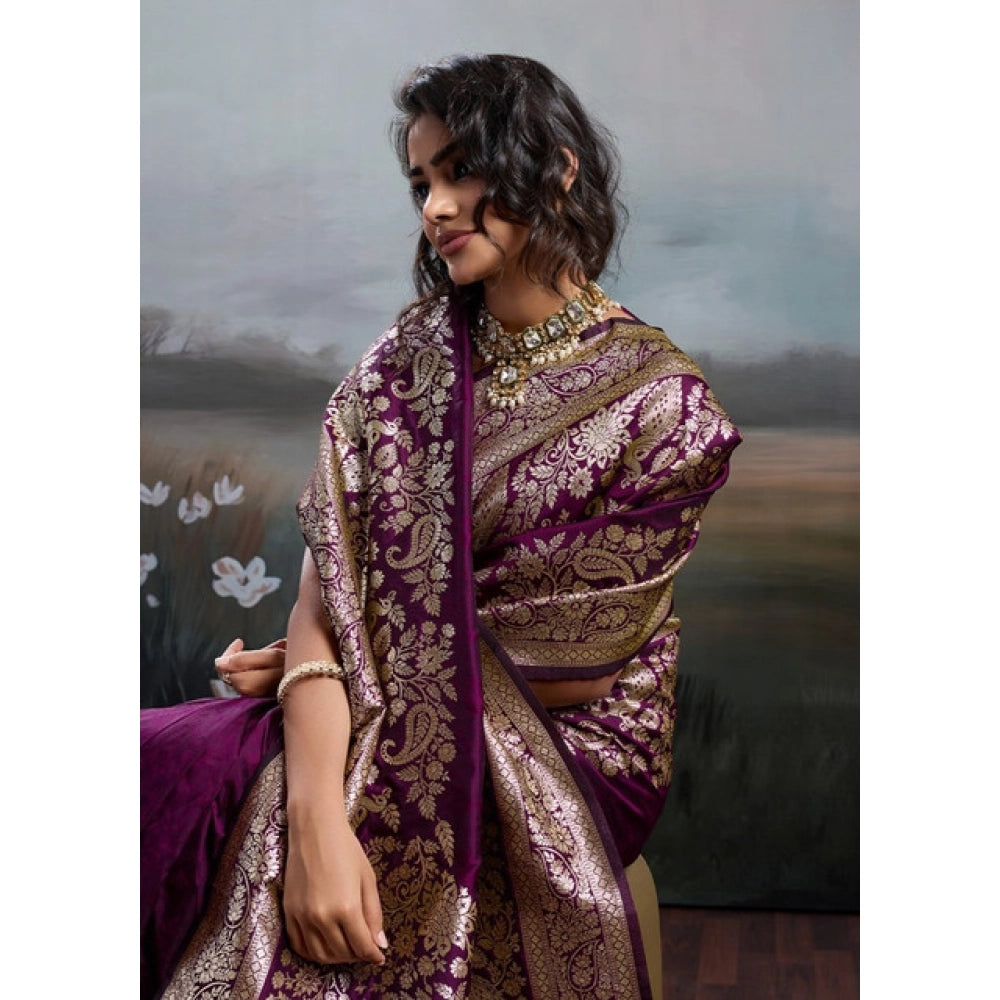 Women's Silk Blend Printed Saree With Unstitched Blouse 5.5 Mtr (Wine)