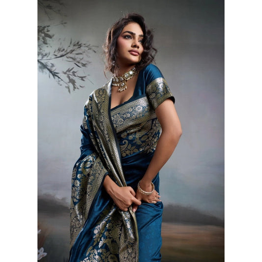 Women's Silk Blend Printed Saree With Unstitched Blouse 5.5m (Navy Blue)