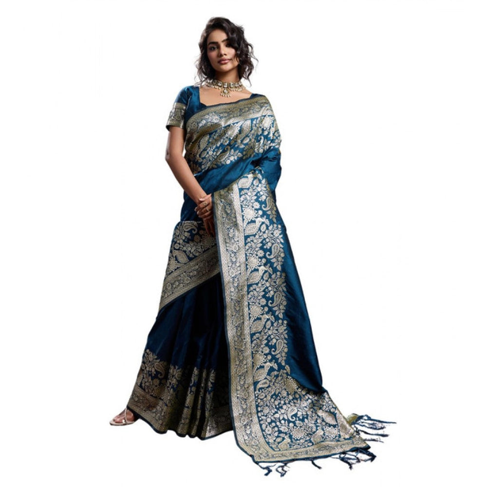 Women's Silk Blend Printed Saree With Unstitched Blouse 5.5 Mtr (Navy Blue)