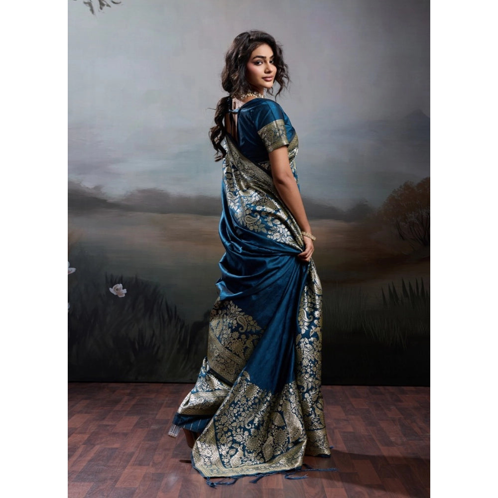 Women's Silk Blend Printed Saree With Unstitched Blouse 5.5 Mtr (Navy Blue)