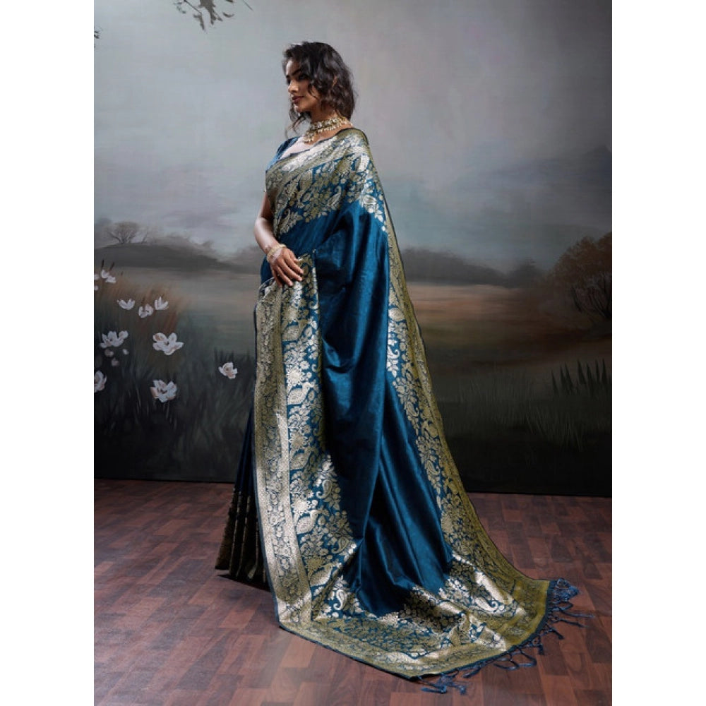 Women's Silk Blend Printed Saree With Unstitched Blouse 5.5 Mtr (Navy Blue)