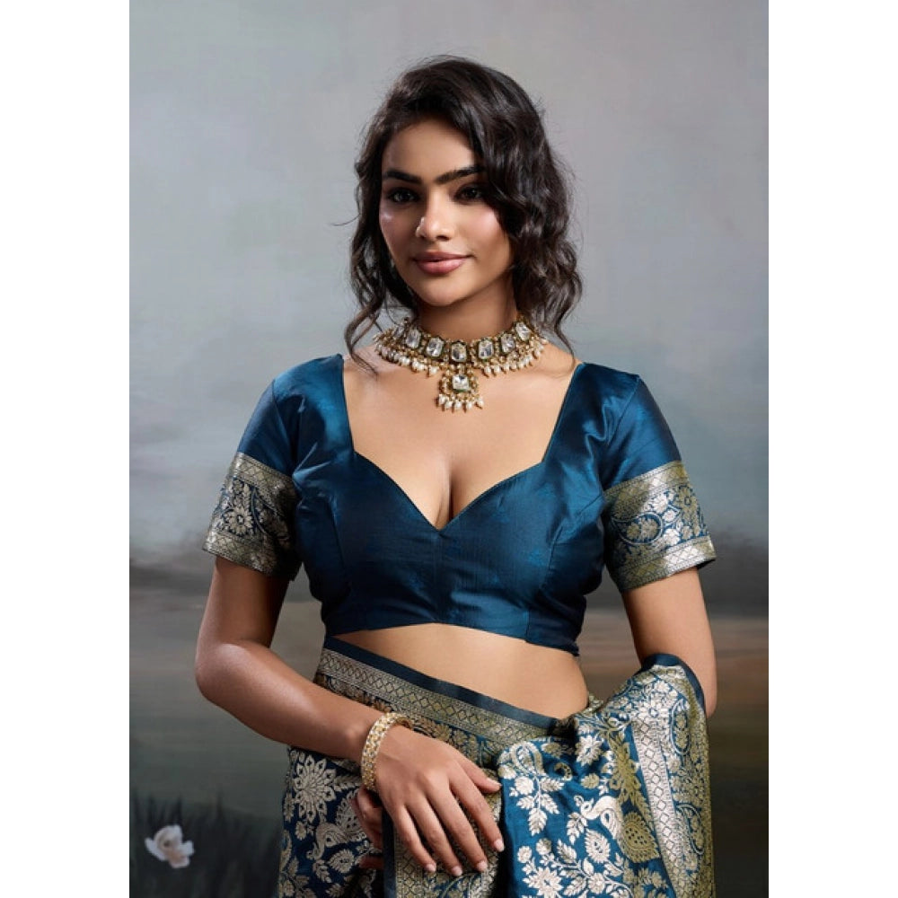 Women's Silk Blend Printed Saree With Unstitched Blouse 5.5 Mtr (Navy Blue)