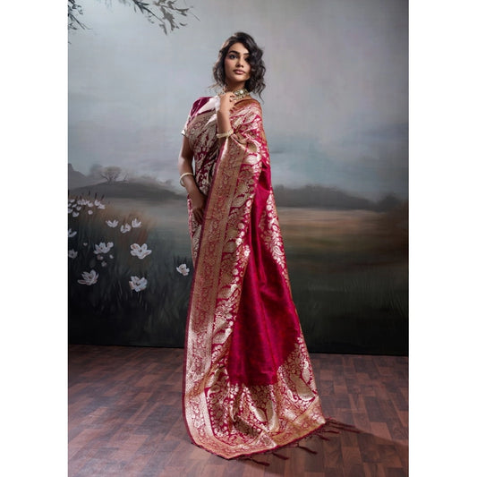 Women's Silk Blend Printed Saree With Unstitched Blouse 5.5m (Maroon)