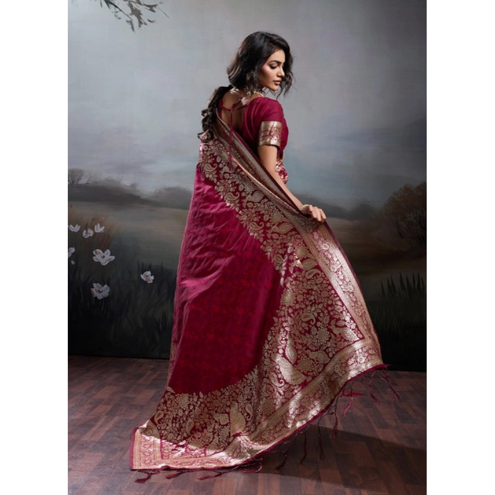 Women's Silk Blend Printed Saree With Unstitched Blouse 5.5 Mtr (Maroon)