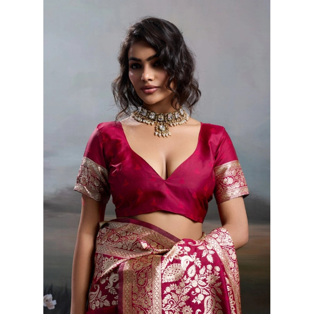 Women's Silk Blend Printed Saree With Unstitched Blouse 5.5 Mtr (Maroon)