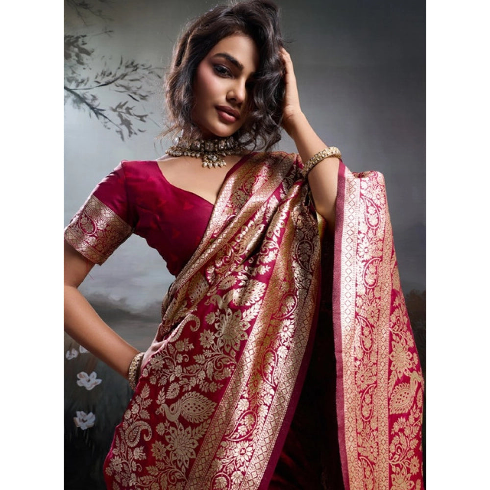 Women's Silk Blend Printed Saree With Unstitched Blouse 5.5 Mtr (Maroon)