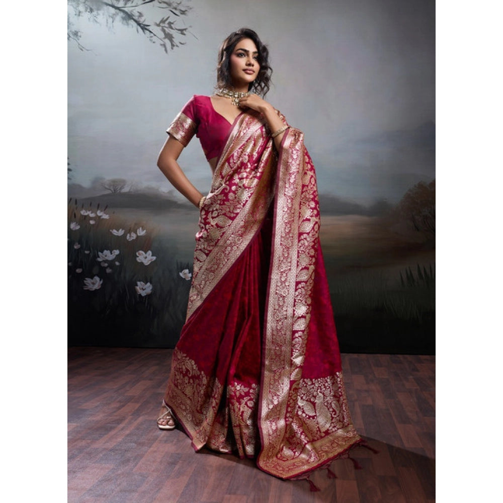 Women's Silk Blend Printed Saree With Unstitched Blouse 5.5 Mtr (Maroon)