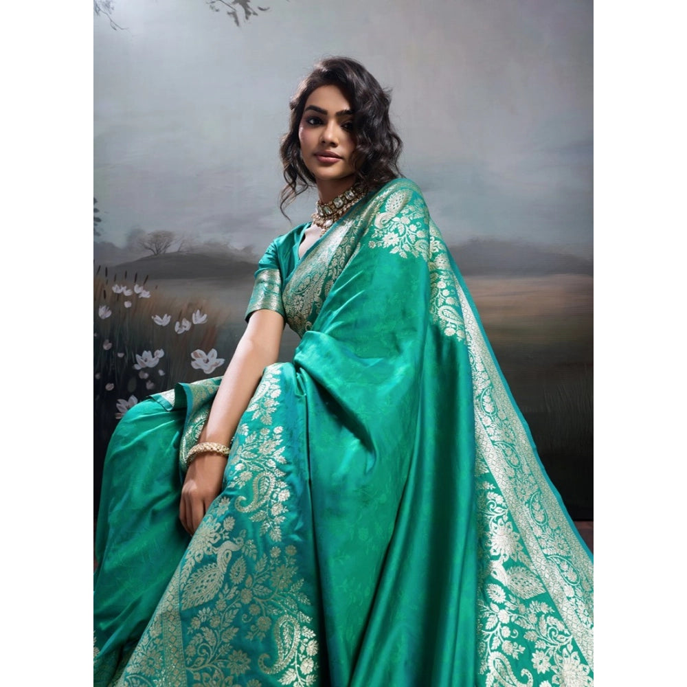Women's Silk Blend Printed Saree With Unstitched Blouse 5.5 Mtr (Teal Green)